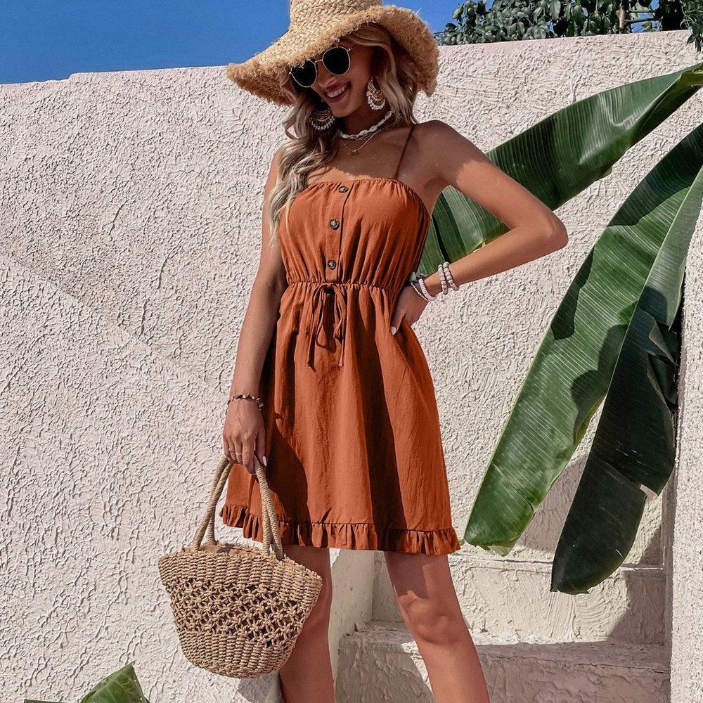 New Solid Ruffle Hem Knot Front Cami Dress Burnt Orange Brown